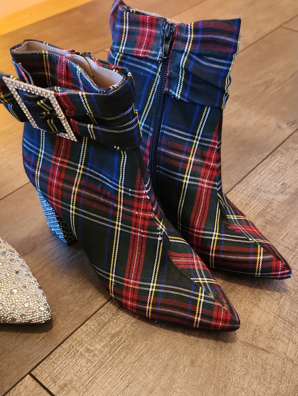 Betsey Johnson Plaid Pointed-Toe Ankle Boots with Decorative Buckle - Red/Black